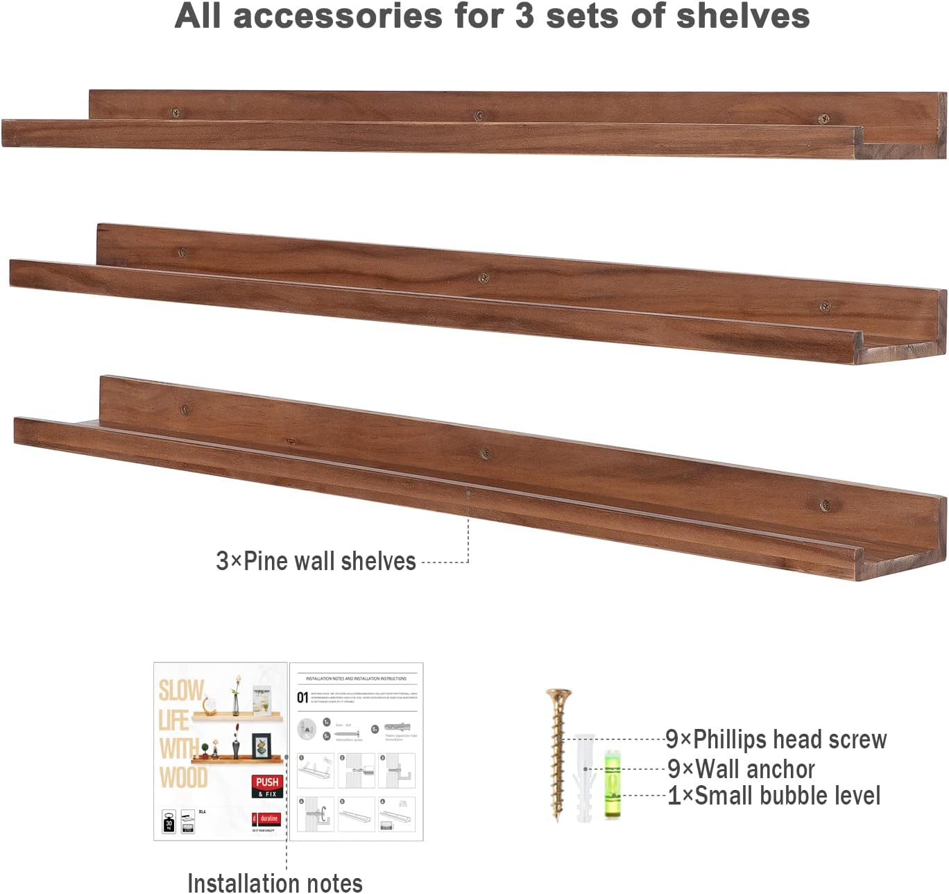 AZSKY 36 Inch Floating Book Shelves Rustic Wood Wall Picture Ledge Shelf for Storage Light Walnut
