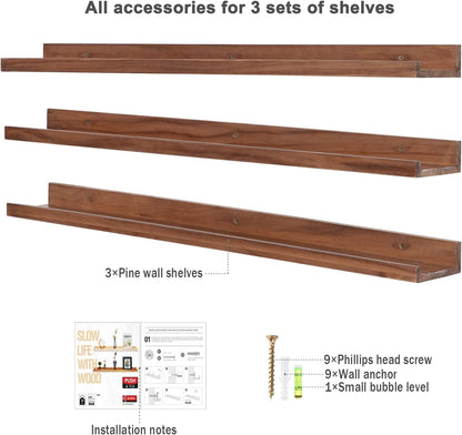 AZSKY 36 Inch Floating Book Shelves Rustic Wood Wall Picture Ledge Shelf for Storage Light Walnut