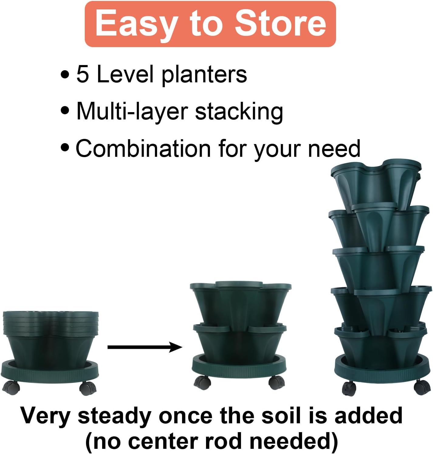 DUNCHATY Stackable Polypropylene Planters, 5-Tier, Pine Green, Indoor/Outdoor, 29" Height x 13.6"