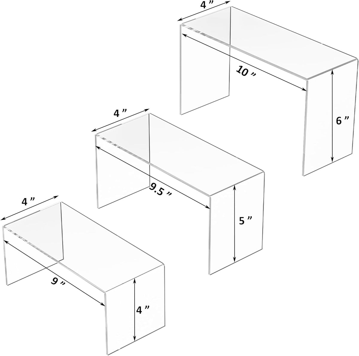 9x9.5x10 Inch Clear Display Risers Shelf 3pcs, Countertop Rectangular Acrylic Display Stands for