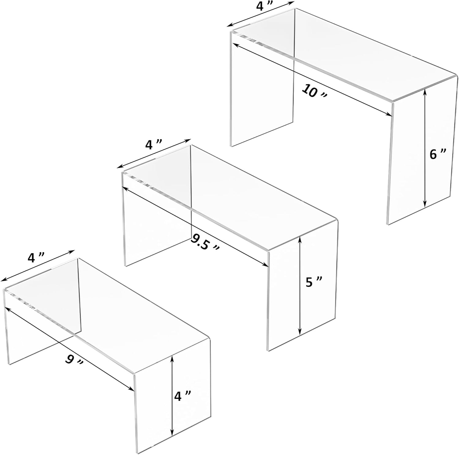 9x9.5x10 Inch Clear Display Risers Shelf 3pcs, Countertop Rectangular Acrylic Display Stands for