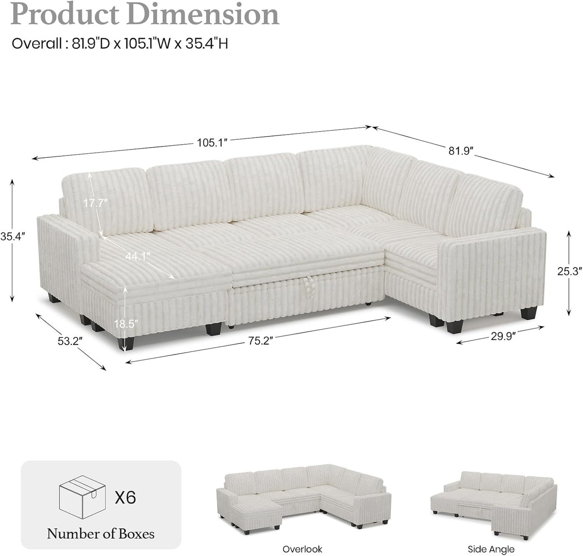 Belffin Corduroy Sleeper Sofa Bed with Storage Chaise Modular Sectional Sofa Couch with Pull Out