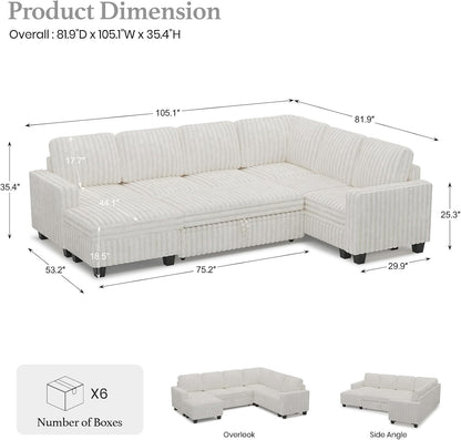 Belffin Corduroy Sleeper Sofa Bed with Storage Chaise Modular Sectional Sofa Couch with Pull Out