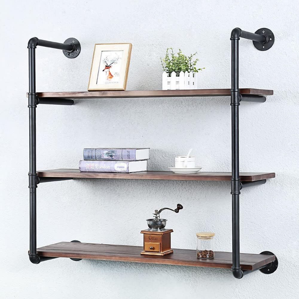 Industrial Pipe Shelving Wall Mounted,36in Rustic Metal Floating Shelves,Steampunk Real Wood Book