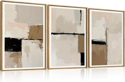 HPINUB Large Modern Abstract Framed Canvas Wall Art Set,Geometric Line Black White and Beige