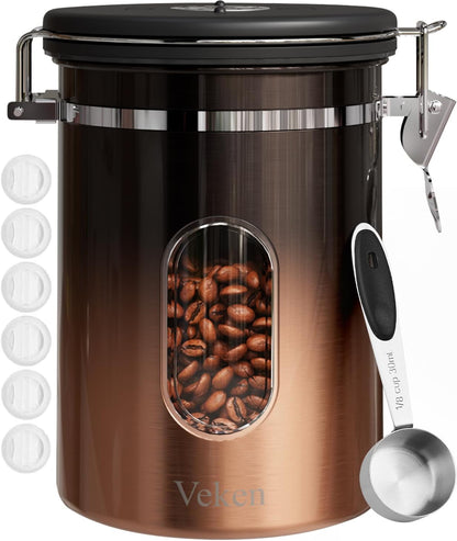 Veken Coffee Canister with Window,Airtight Stainless Steel Kitchen Food Storage Container, Date