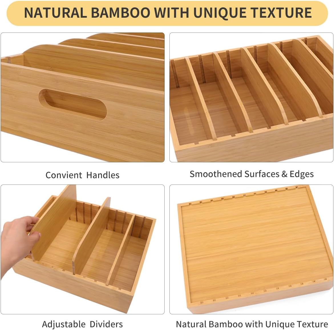 2 Pack Bamboo Lid Holder Food Container, Kitchen Organizer with 5 Adjustable Dividers, Cabinet