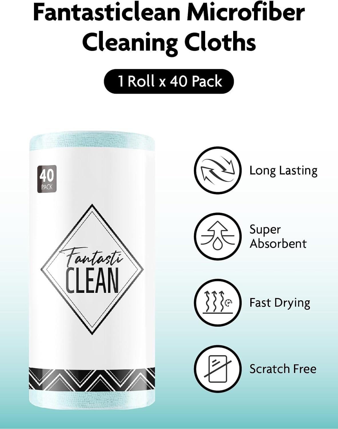 Fantasticlean Microfiber Cleaning Cloth Roll -40 Pack, Tear Away Microfiber Towels, 12" x 12"