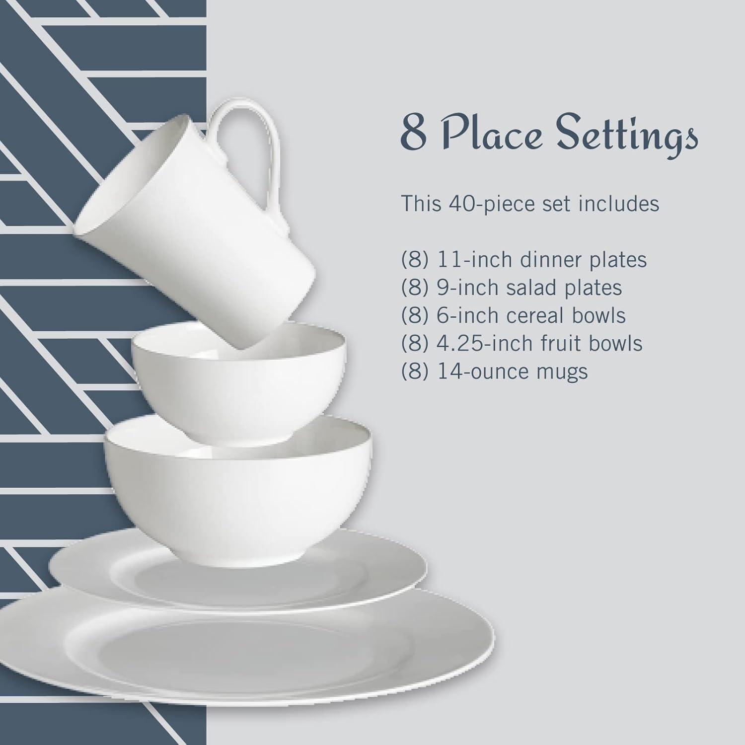 Mikasa Delray 40-Piece White Dinnerware Set, Service for 8, Durable Porcelain Plates, Bowls, and