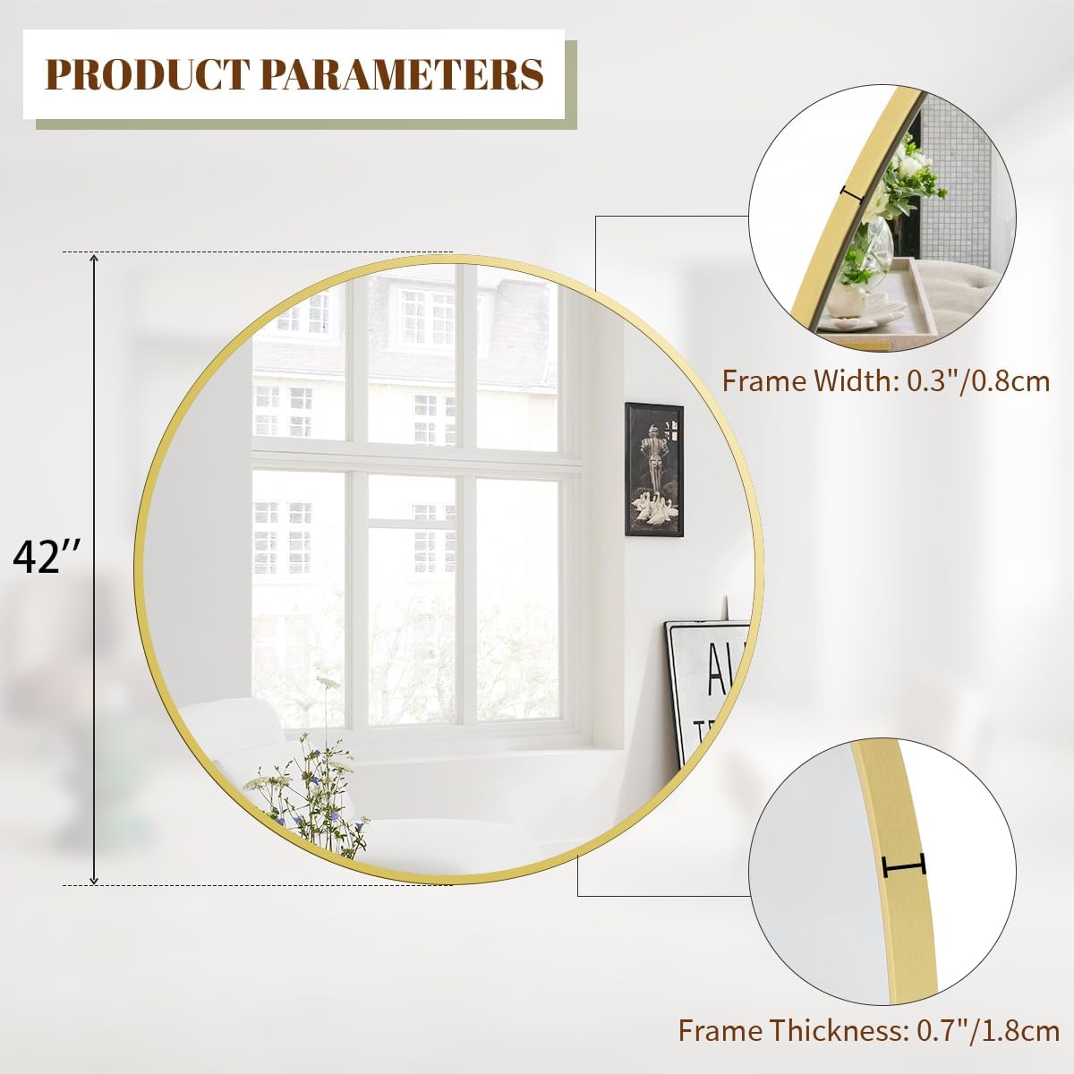 BEAUTYPEAK 42 Inch Round Mirror, Metal Frame Circle Mirror, Wall Mounted for Entryway, Bathroom