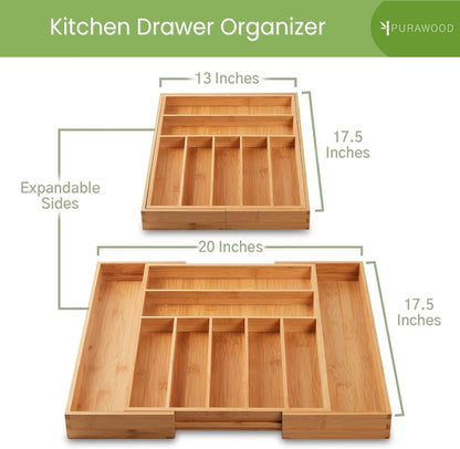 Bamboo Drawer Organizer, 2 Pack - Expandable Silverware Organizer & Utensil Drawer Organizer