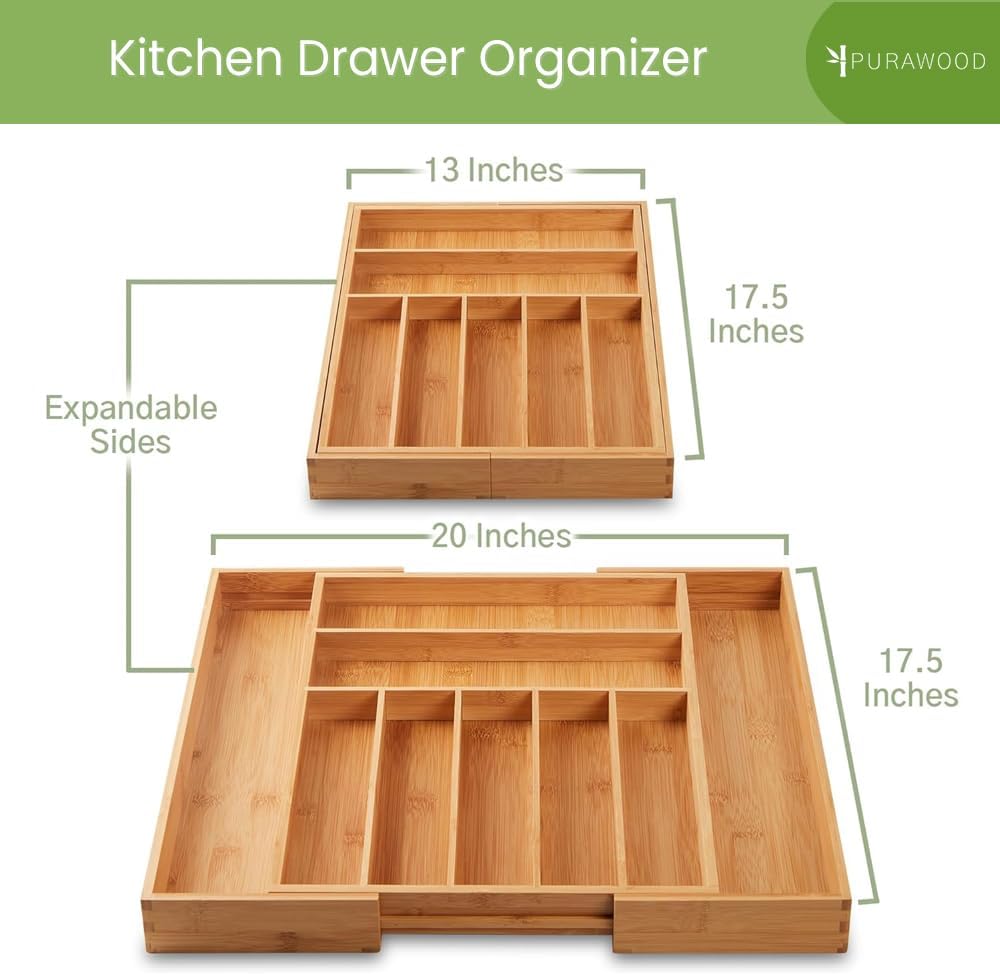 Bamboo Drawer Organizer, 2 Pack - Expandable Silverware Organizer & Utensil Drawer Organizer