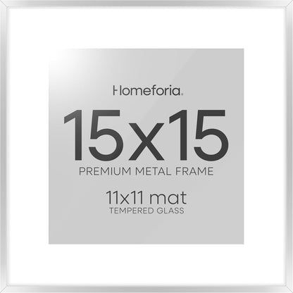 Homeforia 15x15 Picture Frame Silver, High End Metal 15 x 15 Square Frame with Mat 11 x 11 Photo
