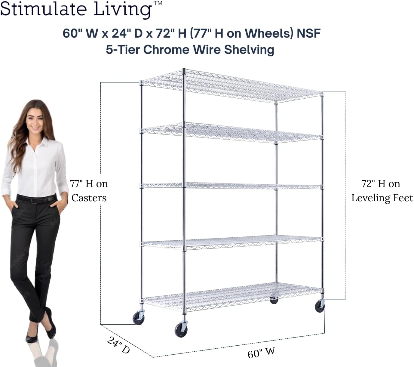 60"x24"x72" PRIME HEAVY DUTY Chrome 5-Tier Wire Shelving NSF 3000 LBS MAX Capacity Storage Rack for