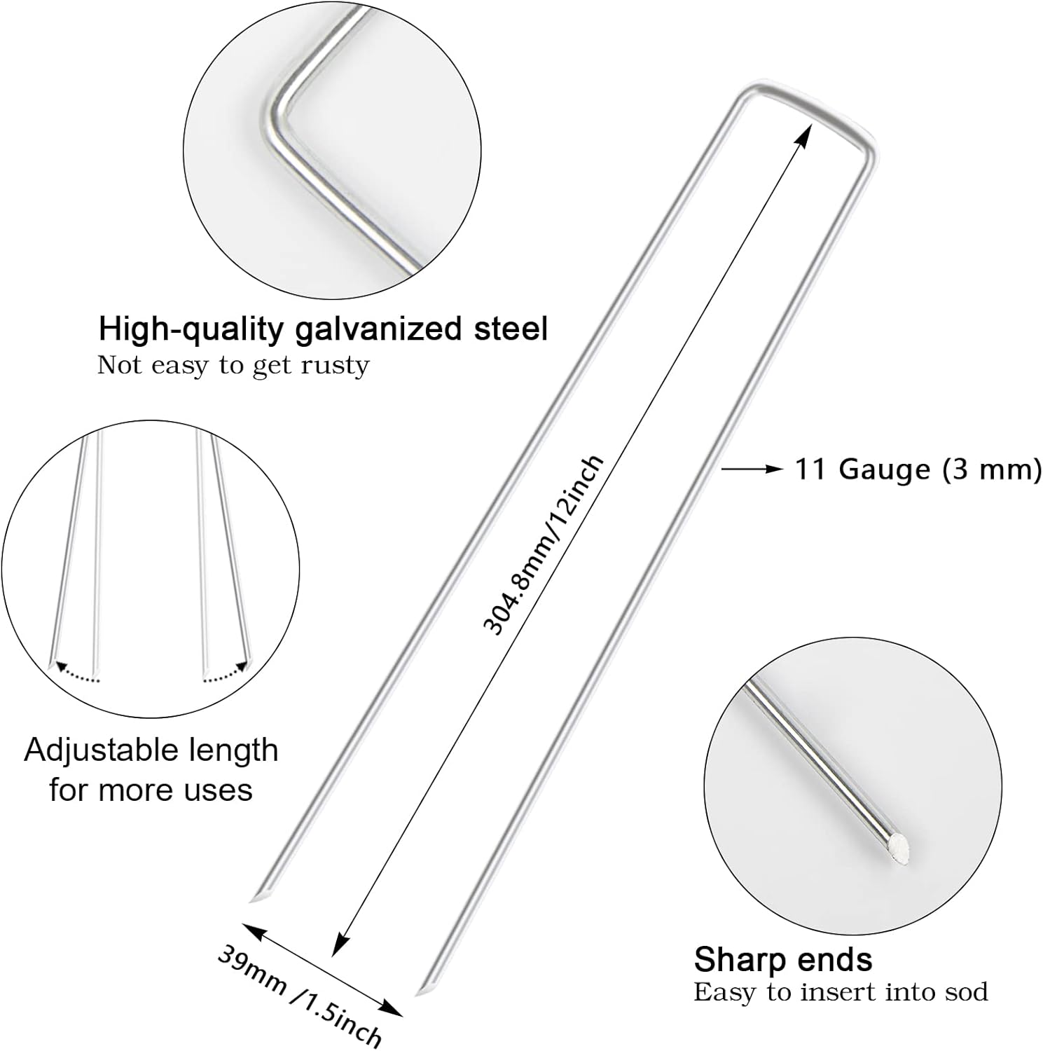 FEED GARDEN 12 Inch 50 Pack Galvanized Landscape Staples 11 Gauge Anti-Rust Garden Stakes