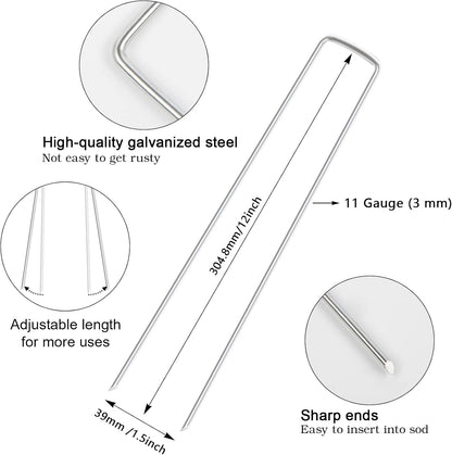 FEED GARDEN 12 Inch 50 Pack Galvanized Landscape Staples 11 Gauge Anti-Rust Garden Stakes