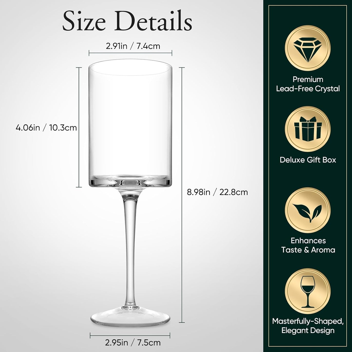 Premium Crystal Wine Glasses - Hand Blown, Thin Rim, Long Stem, Square Unique Design - Set of 4