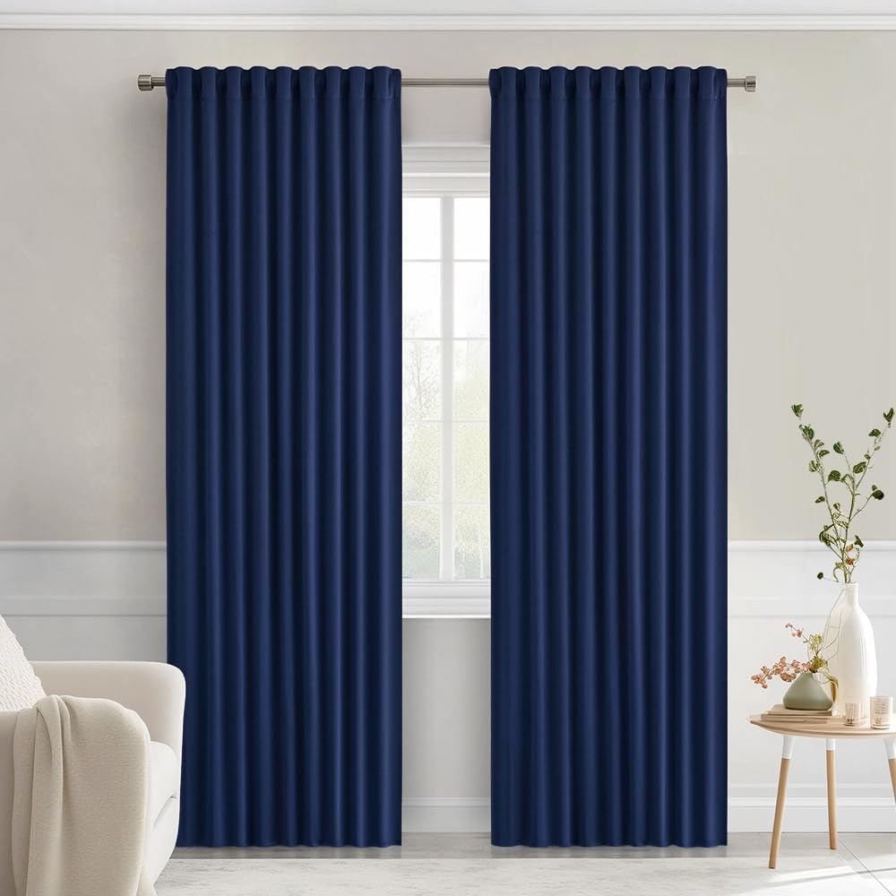 MIULEE Navy Blue Back Tab Blackout Curtains 90 Inches Long 2 Panels Set for Living Room Bedroom