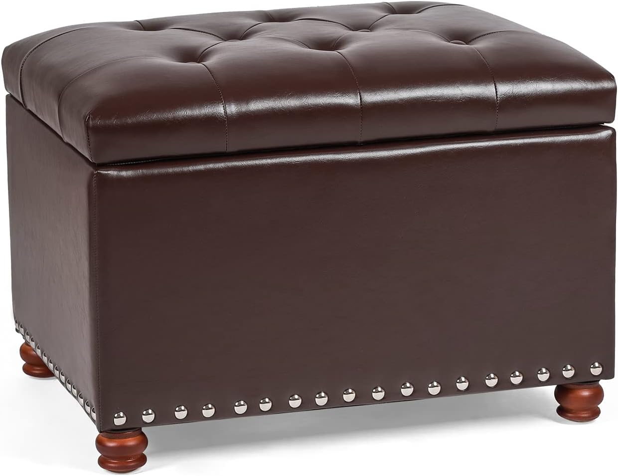 Leather Storage Ottoman Bench Foot Rest Stool with Nailhead Trim (Dark Brown - Button Tufted