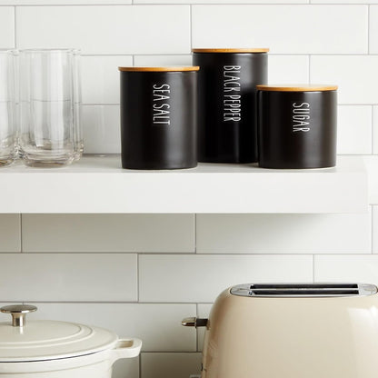 Farmlyn Creek Set of 3 Matte Black Kitchen Canister with Airtight Wooden Bamboo Lids, Kitchen