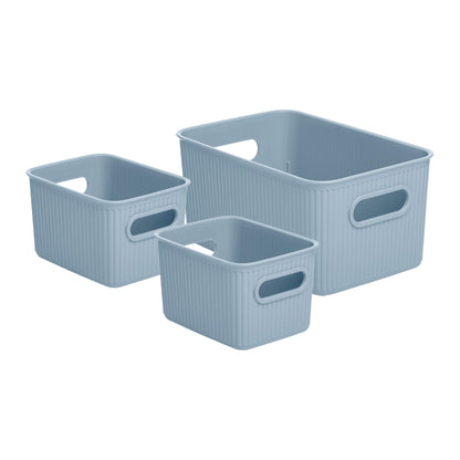 Superio Ribbed Collection - Decorative Plastic Basket Open Home Storage Bins Organizer, Blue (Set