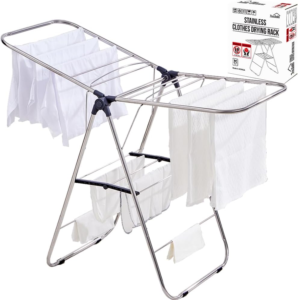 TRES BELLE 25NEW Stainless Steel Clothes Drying Rack(M)–Foldable,Lightweight,No-Slip Rods,Made in