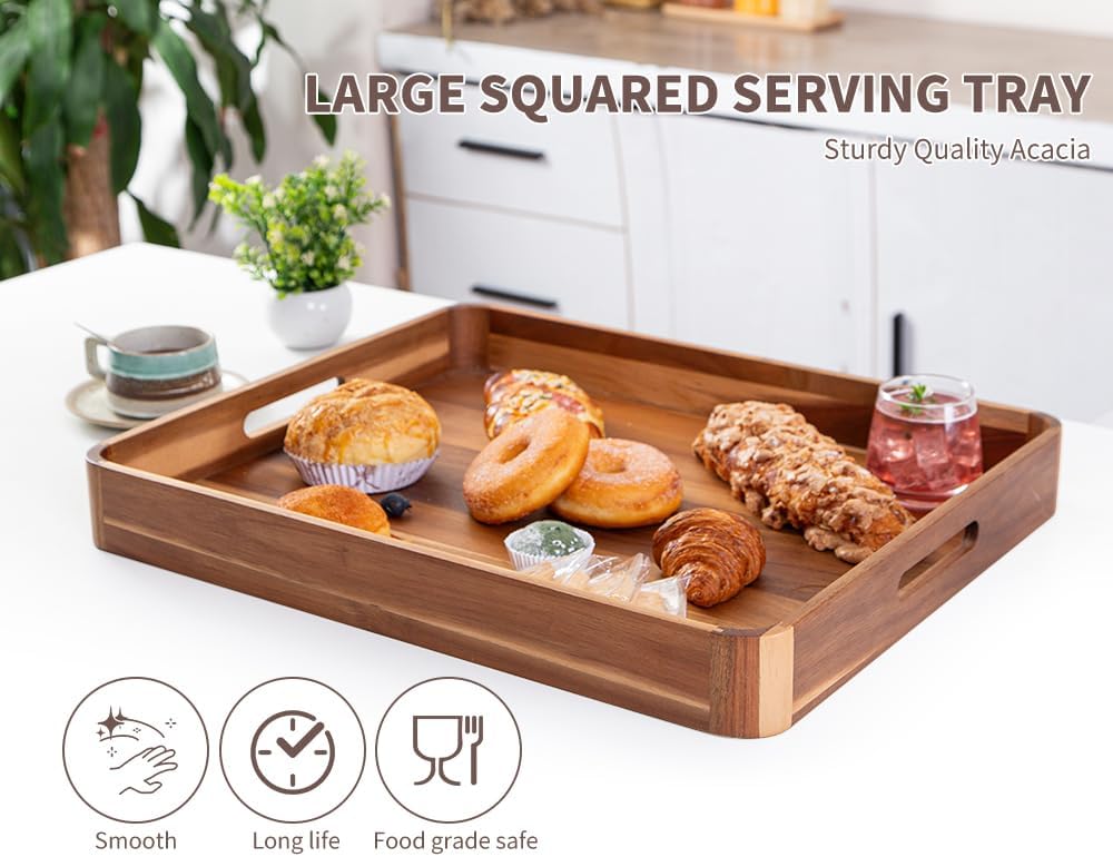 Large Wooden Ottoman Tray, Great 22"x18" Rectangle Trays for Big Ottoman Counter, Huge Kitchen Wood