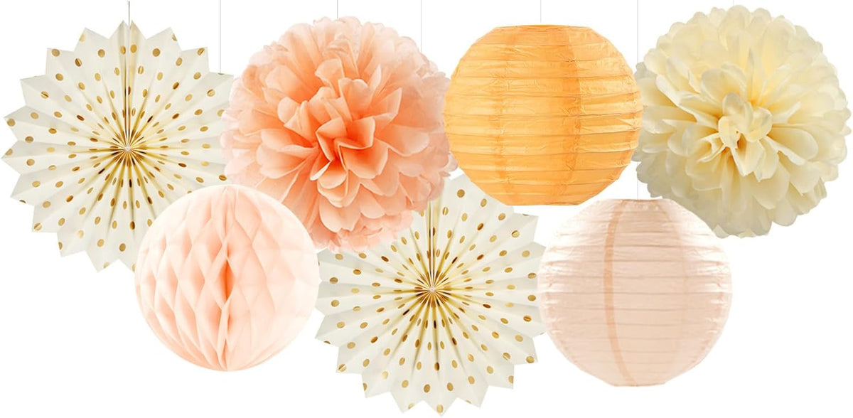 Beige-Orange Peach Fall Party-Decorations Paper-Lanterns- 14pcs Autumn Thanksgiving Harvest