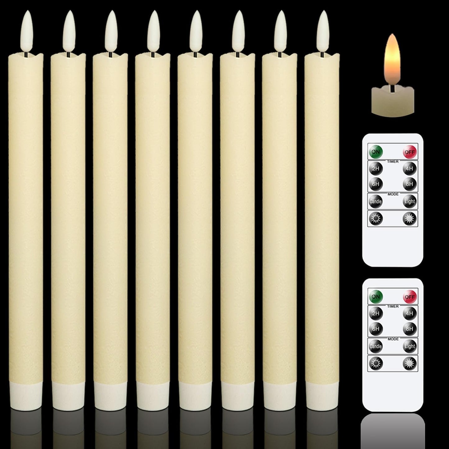 GenSwin Flameless Flickering Taper Candles with 2 Remote Controls and Timer, Real Wax 3D Wick Light