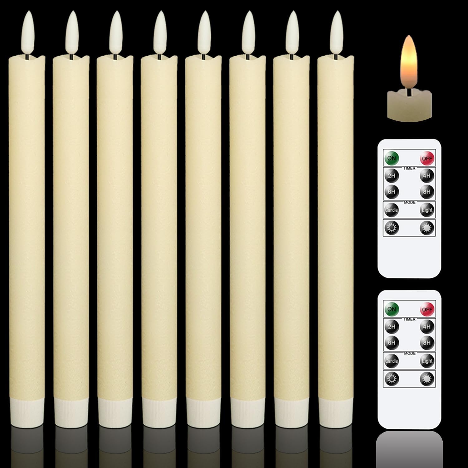 GenSwin Flameless Flickering Taper Candles with 2 Remote Controls and Timer, Real Wax 3D Wick Light