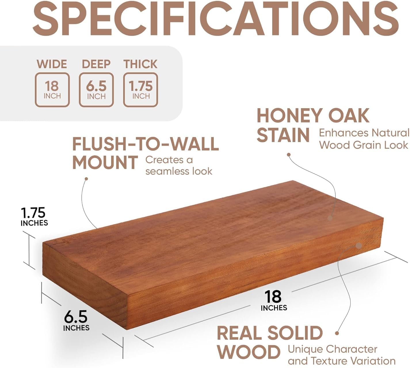Homeforia 18 inch Floating Shelf Oak, High End Solid Real Wood 18inch Long Floating Shelves for