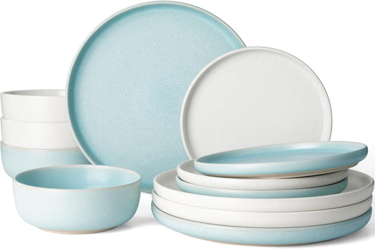 Famiware Milkyway Plates and Bowls Sets, 12 Pieces Dinnerware Sets, Reactive Glaze Dish Set