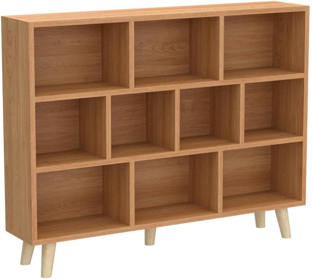 IOTXY Wooden Open Shelf Bookcase - 3-Tier Floor Standing Display Cabinet Rack with Legs, 10 Cubes