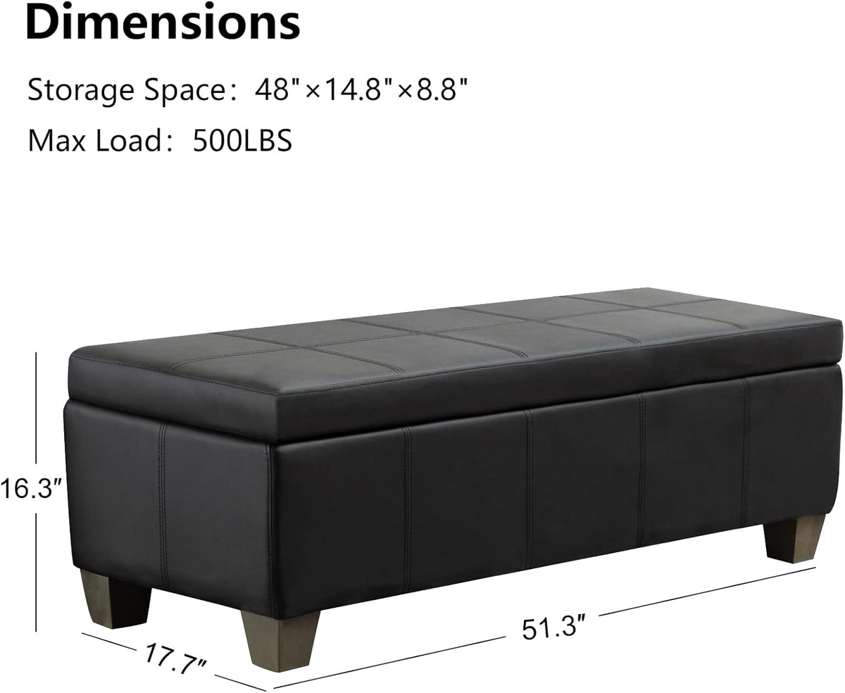 51 Inch Black Faux Leather Ottoman with Storage, Rectangular Extra Long Bench, End of Bed Bench