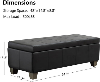 51 Inch Black Faux Leather Ottoman with Storage, Rectangular Extra Long Bench, End of Bed Bench