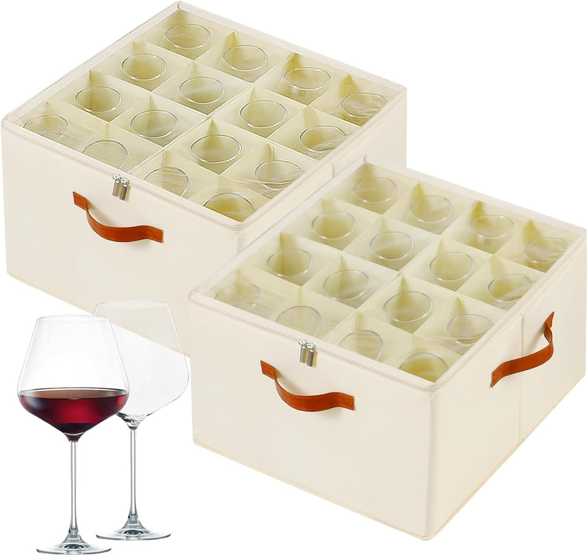 Wine Glass Storage Box with Dividers, 2 Pack Glassware Storage Containers, Stemware Storage Cases