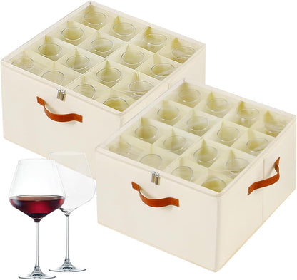 Wine Glass Storage Box with Dividers, 2 Pack Glassware Storage Containers, Stemware Storage Cases