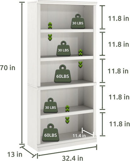 70-Inch Tall White Bookcase, 5 Tiers Shelves Open Storage Bookshelf, 33 in Wide Anti Tipping Indoor