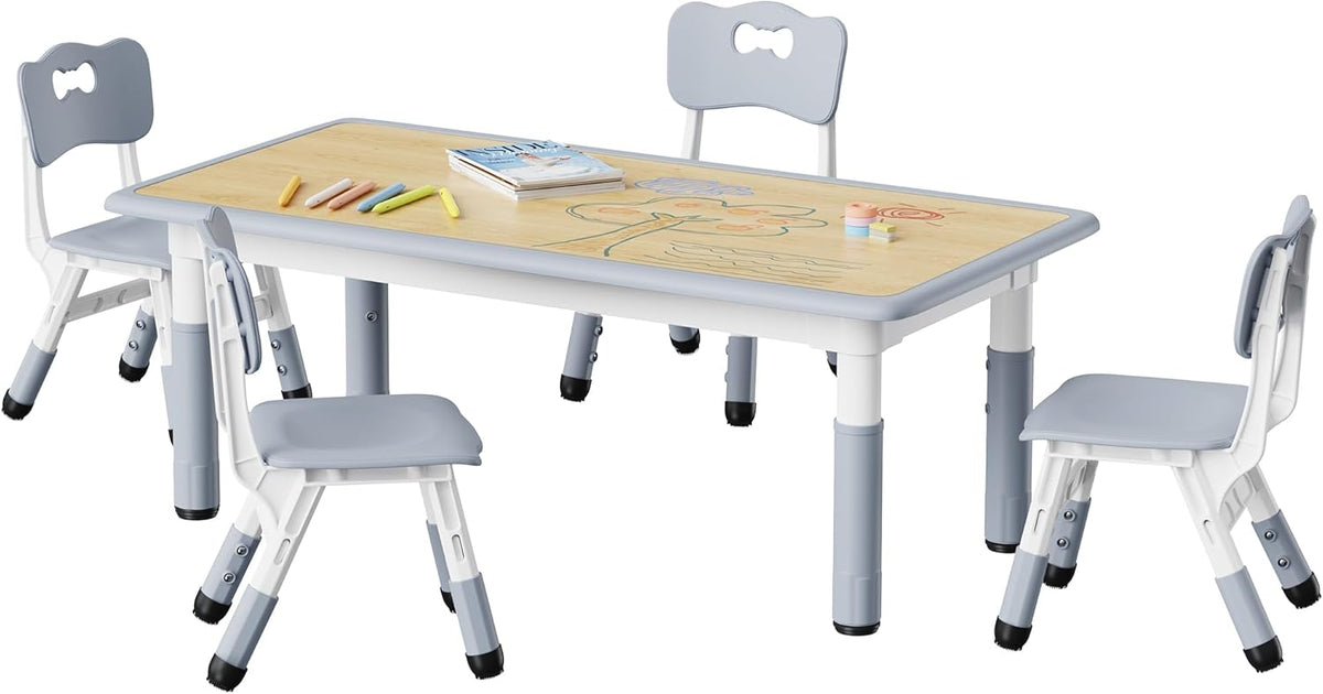 Brelley Kids Table and 4 Chairs Set, Height Adjustable Toddler Desk and Chair Set, Graffiti