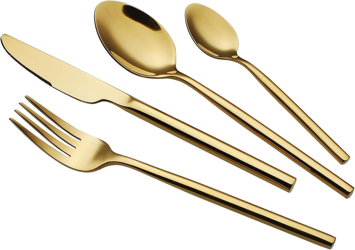 24 Piece Silverware Set For 6 Gold Heavy duty 18/10 Stainless Steel Flatware Set Modern Design