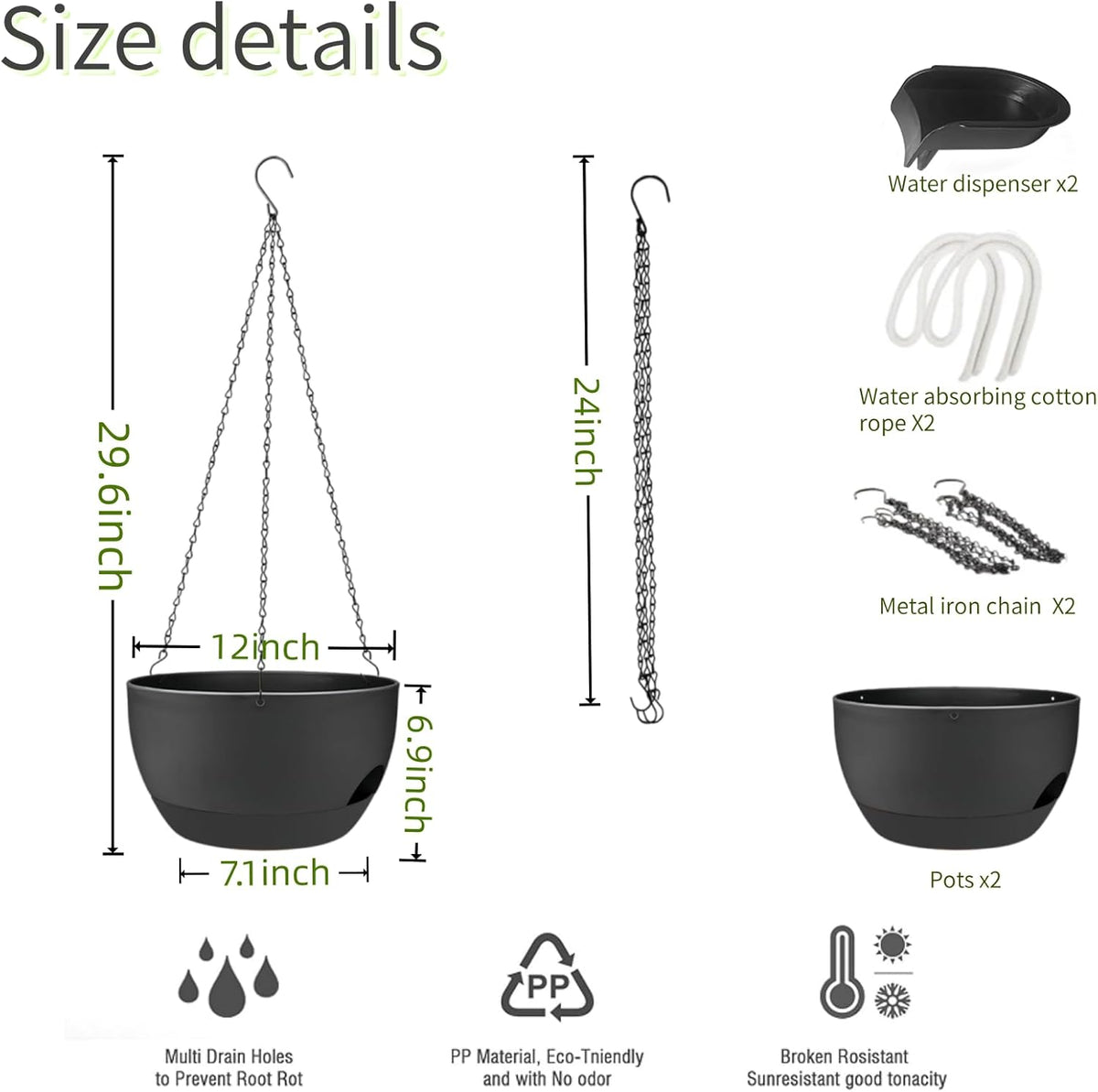 2 Pack Hanging Planters for Indoor Outdoor Plants, 12 Inch Self Watering Hanging Pot with Drainage