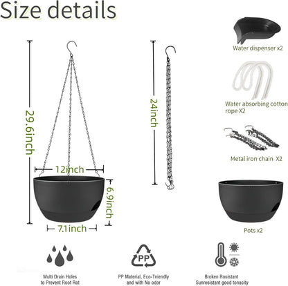 2 Pack Hanging Planters for Indoor Outdoor Plants, 12 Inch Self Watering Hanging Pot with Drainage