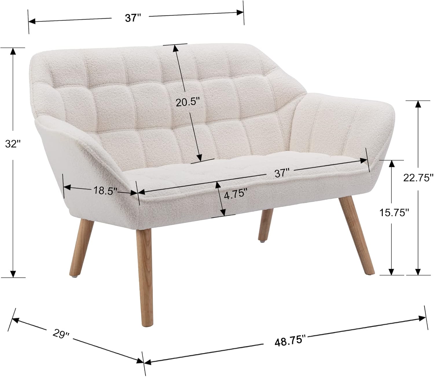 48" Small Loveseat Sofa, Modern Sherpa Mini Sofa Couch 2-Seater Fluffy Love Seat with Quilting