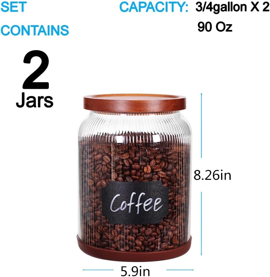 SAIOOL 2-Pack Striped Borosilicate Glass Airtight Canisters - Big mouth Large Capacity, Acacia Wood