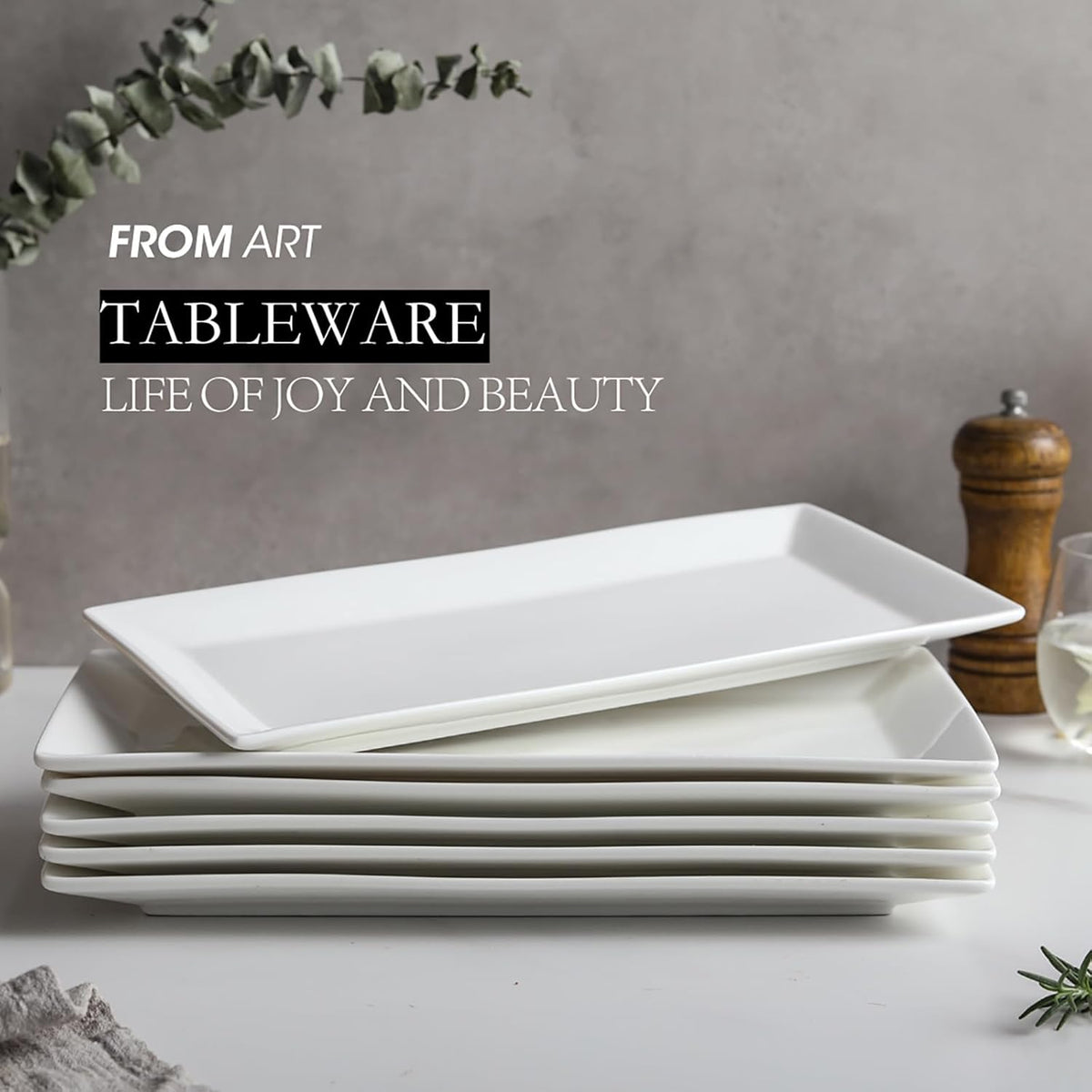12" Serving Platters Set of 4, White Rectangular Plates, Ceramic Serving Tray, Stackable Large