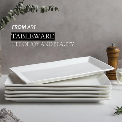 12" Serving Platters Set of 4, White Rectangular Plates, Ceramic Serving Tray, Stackable Large