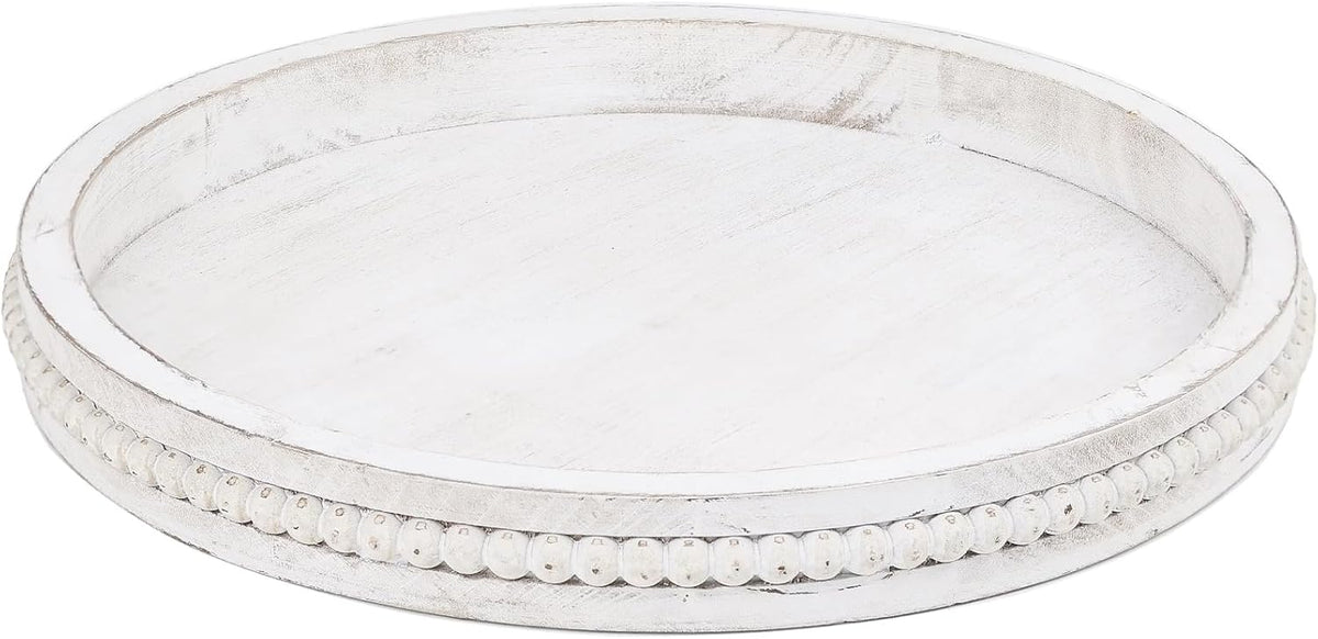 Round Wood Serving Tray with Beads, White Washed Wooden Decorative Tray for Entertaining