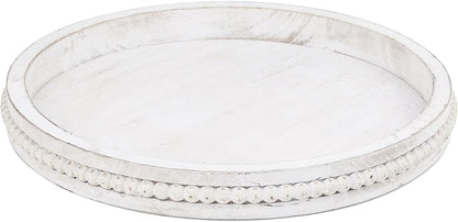Round Wood Serving Tray with Beads, White Washed Wooden Decorative Tray for Entertaining
