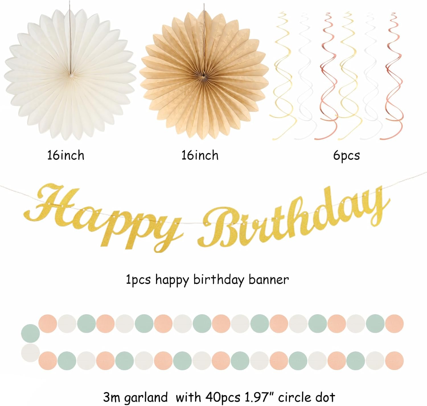 Sage-Green Blush-Pink Beige Birthday Party-Decorations - 21pcs Happy Banner,Cream Light Dusty Pink
