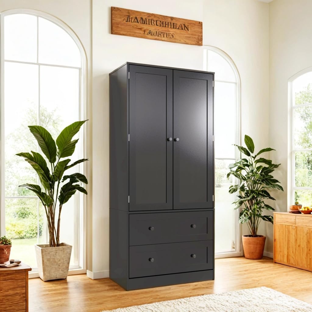 64.2" Tall Black Kitchen Pantry, Storage Cabinet with Doors and Drawers, Freestanding Wooden